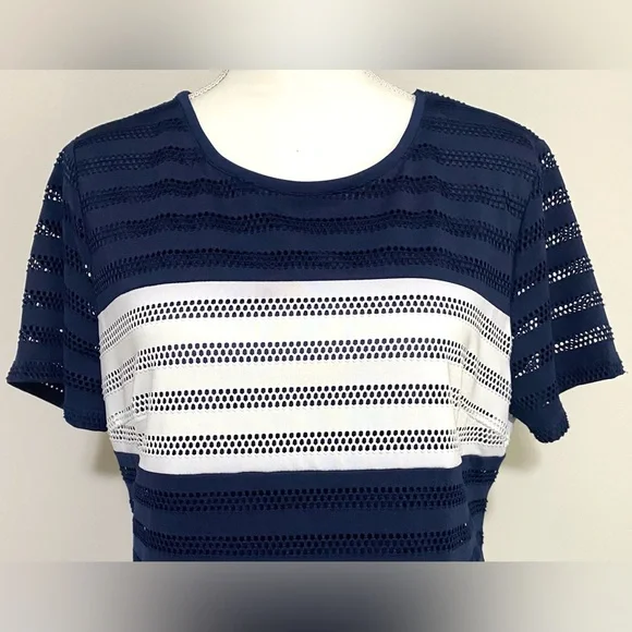 Beige by ECI Womens L Navy Blue White Stripe Short Sleeve Straight Dress Classic - Picture 3 of 12